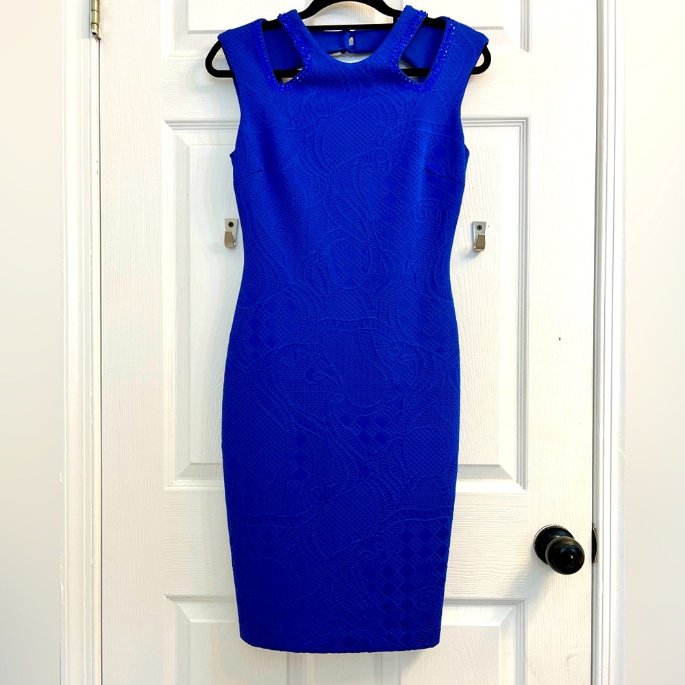 Cache royal blue bodycon texturized dress with custom rhinestones